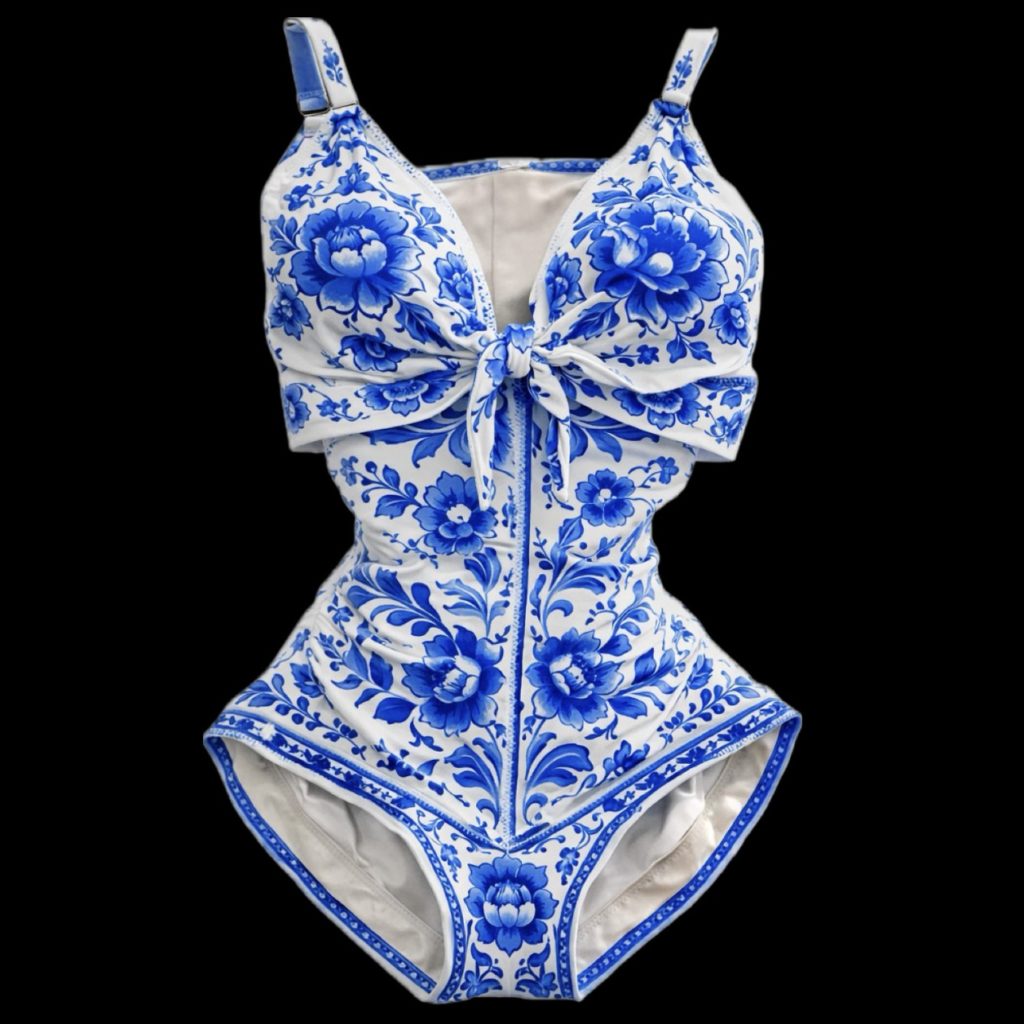 blue white one piece swimsuit QT elegant design